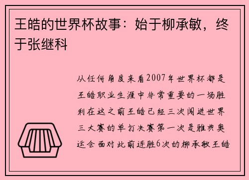 王皓的世界杯故事：始于柳承敏，终于张继科