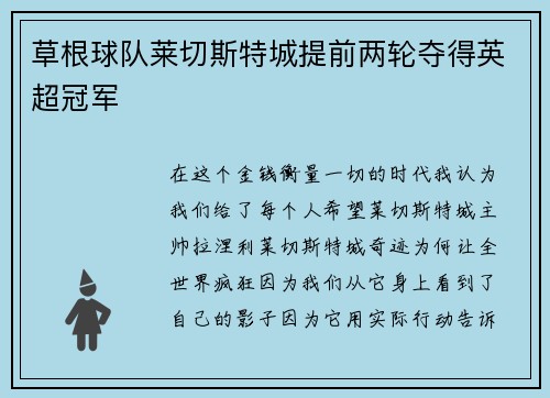 草根球队莱切斯特城提前两轮夺得英超冠军