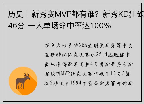 历史上新秀赛MVP都有谁？新秀KD狂砍46分 一人单场命中率达100%