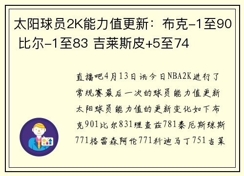太阳球员2K能力值更新：布克-1至90 比尔-1至83 吉莱斯皮+5至74