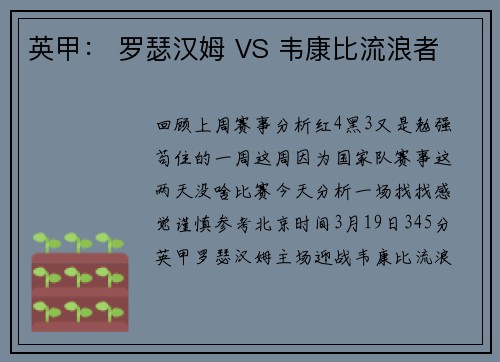 英甲： 罗瑟汉姆 VS 韦康比流浪者